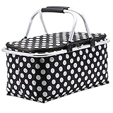 Picnic Basket, SUROY Insulated Folding Collapsible Market 600D Oxford Zip Closure Basket with Carrying Handles for Outdoor Picnic (Black Spots)
