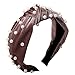 lightclub Vintage Twisted Faux Pearl Tie Beading Women Wide Hair Hoop Velvet Headband Headwear Hairband Cameo Brown