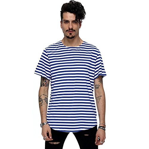 PHOTNO stripe short sleeve shirt men Summer Loose t-shirt Tops (XXXL, Blue)