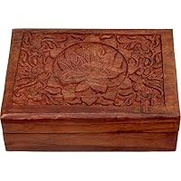 4Rissa Lotus Flower Hand-Carved Sheesham Wood Box Jewelry Trinket Tarot Memory Keepsake Storage Wooden Chest
