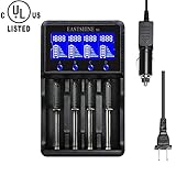 Universal Smart Battery Charger 4 Bay for Rechargeable Batteries Ni-MH Ni-Cd AA AAA C Li-ion LiFePO4 IMR 18650 26650 14500 16340 18500 10440 18350 17670 RCR123a with Car Adapter LCD Display UL Listed