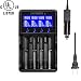 Universal Smart Battery Charger 4 Bay for Rechargeable Batteries Ni-MH Ni-Cd AA AAA C Li-ion LiFePO4 IMR 18650 26650 14500 16340 18500 10440 18350 17670 RCR123a with Car Adapter LCD Display UL Listed