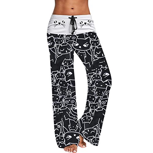Minisoya Women Cat Printed Drawstring Casual Loose Lounge Yoga Pants Leggings Sweatpants Palazzo Wide Leg Trousers (Black, S)