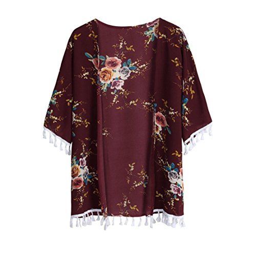 Mose Ladies Cardigan Womens Spring Short Sleeve Print Floral Tassel Tops Blouse Open Front Outerwear (,Wine Red, S)