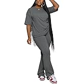 PINSV Women 2 Piece Outfits Short Sleeve Top and Flare Pants Lounge Sets Tracksuit