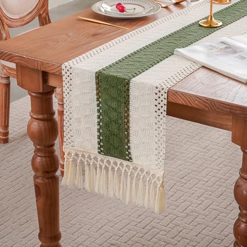 Sage Green Farmhouse Boho Macrame Table Runner with Tassels 48 inches Long at Amazon