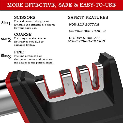 Joso Professional Kitchen 3 Stage Stainless Knife Sharpener with Diamond Tungsten Ceramic for Dull Steel, Paring, Chefs and, medium, Red, Black, chrome, silver