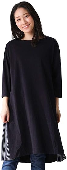 Amazon Co Jp ワンピース 異素材 花柄 ストライプ 7分袖 体型カバー オーガニックコットン 綿 レディース 春 Honeys ハニーズ 脇異素材ワンピース クロ ｌ 服 ファッション小物