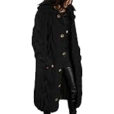 Women's Long Sleeve Buttons Chunky Cable Knit Long Cardigan Fall Winter Loose Soft Warm Lapel Sweater Coat with Pockets