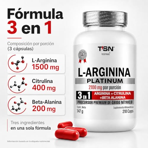 Arginina Platinum 2100mg por porción | L Arginina + L Citrulina + Beta Alanina | Pre Workout | Pre Entreno sin Cafeina | Precursor de Oxido Nítrico | Rendimiento y Energia | Testrol TSN (210 Cápsulas).