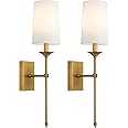 TERLEENART Hardwired Fabric Wall Sconces Set of 2, Mid Century Candlestick Style Wall Light Fixtures with Pure White Cylindrical Shade and Antique Brass Long Slim Stem,for Bathroom Bedroom Living Room