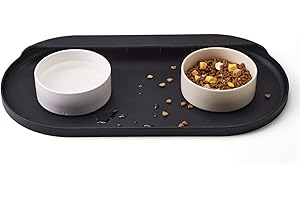 Medario Dog Cat Food Mat, Easy Clean Dishwasher Safe Silicone Pet Food Mat, Waterproof Dog Bowl Mat with High Lip, Durable Anti-Slip Dog Mat with Pocket for Collecting Food and Water(Black)