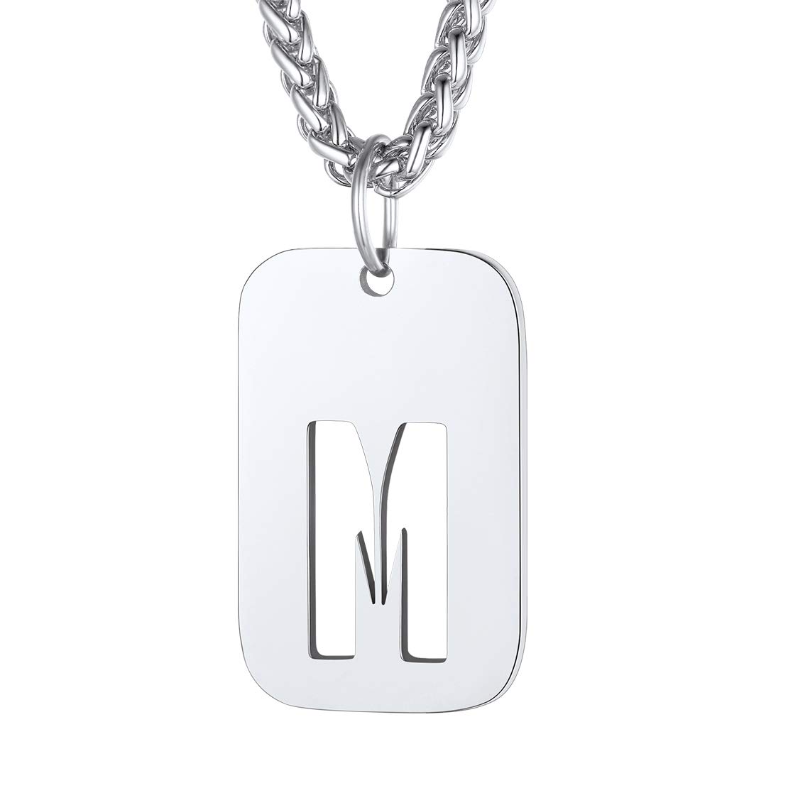 FindChic Dog Tag Pendant Necklace with Initial M Letters for Men Women, Stainless Steel Dog Tags Jewellery Adjustable 55cm+5cm Chain Personalised Hollow Cut Alphabet Monogram Tag Necklace — image 1