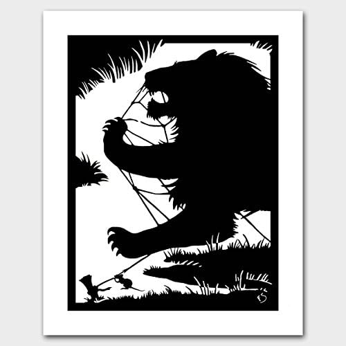 The Lion and the Mouse – Silhouette Art Deco Artwork (Black and White Nursery, Wild Animal Print, Mice Wall Decor