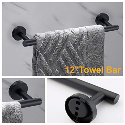 Nolimas 3-Pieces Set Matte Black Bathroom Hardware Set SUS304 Stainless Steel Round Wall Mounted - Includes 12" Hand Towel Bar,Toilet Paper Holder, Robe Towel Hooks,Bathroom Accessories Kit
