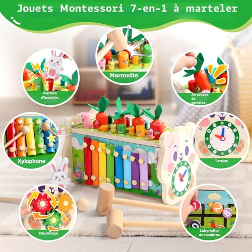 Fajiabao Montessori 1 Year Old Baby Toy - 7 in 1 Wooden Educational Toy Child Toy 1 Year Old Game Hammer and Xylophone Baby, Picking Turnips, Gift Child 1 2 3 Years Boy Girl Birthday Gift