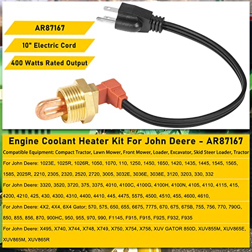 Engine Block Coolant Heater Kit for John Deere 1025R 110 2210 2305 4210