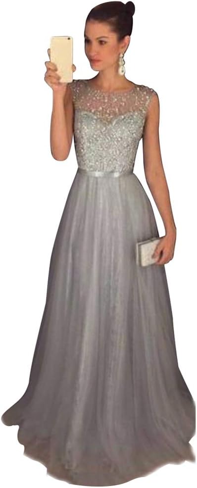 Jitong Women's Sleeveless Sequin Bridesmaids Dress Round Neck Chiffon Long Prom Dress Evening Wear Gowns
