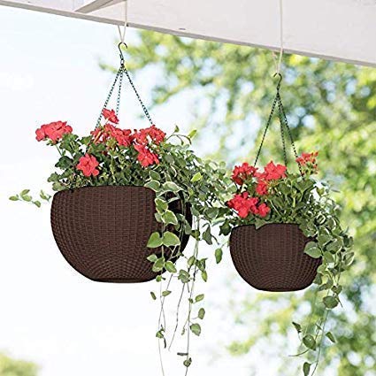 ERIZONE Hanging Flower Pot, Rattan Baskets with Hook Chain, Water Reservoir and Drainage Plug for Home Gardener Grower Planter Office Balcony