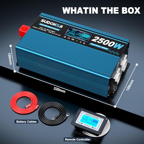 SUDOKEJI Pure Sine Wave Inverter 2500 W (5000 W Peak) - 12 V to 230 V Voltage Converter with LCD Display & Remote Control, 2 x EU Sockets & 2 x USB, Ideal for Motorhome, Truck, Boat, Camping