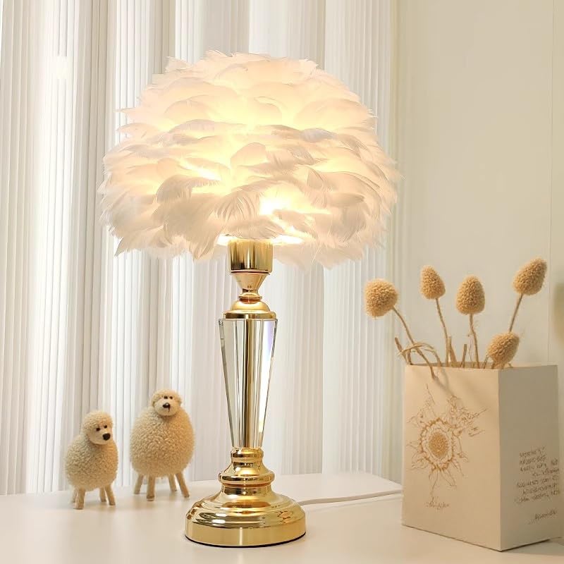 Photo 1 of White Feather Lamp Cute Princess Table Lamp Romantic Furry Goose Feather Decoration Desk Light Creative Bedside Lamps for Kids Wedding Bedroom Girls' Room Decor
