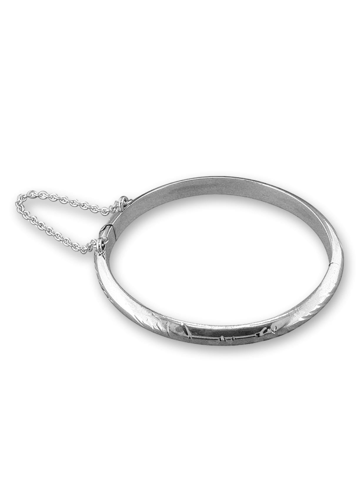 Designer Inspirations Boutique 5MM Wide Round Diamond Cut Engraved/Etched Pattern Hinged Bangle Bracelet With Safety Chain for Baby/Children/Women - 925 Sterling Silver - Size: BABY (Medium)