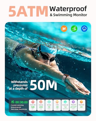 Parsonver Smart Watch for Women, 5ATM Waterproof for Swimming, Fitness Activity Tracker 100+ Sport Modes, Heart Rate/Sleep/SpO2/Steps Monitor, 1.8" HD Screen Smartwatch for Android & iOS, Rose Gold