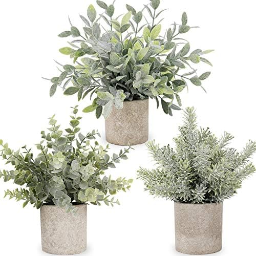 C Appok 人工鉢植え植物 3パック ミニフェイクユーカリ植物 小さなプラスチック緑草 ポット付き 人工ユーカリローズマリー植物 棚 ホームデコレーション インドア テーブル装飾