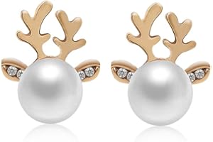 ROSTIVO Christmas Earrings for Women Stud Earrings Cute Faux Pearl Antler Earrings (Gold)