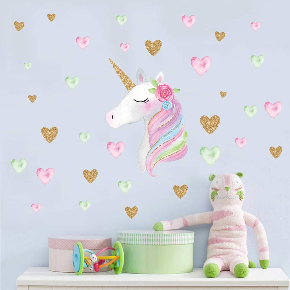 Unicorn Wall Decals,Unicorn Wall Sticker Decor with Heart Flower Birthday Christmas Gifts for Boys Girls Kids Bedroom Decor Nursery Room Home Decor-Unicorn: Baby