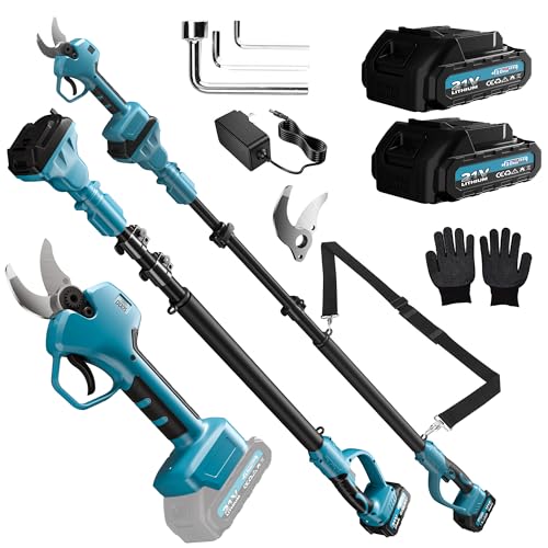 2 in 1 Electric Secateur with Pole, 40 mm Cordless Telescopic Electric Pruner with 2 x 3000 mAh Battery, Extension Up to 4.5 m, for Pruning Trees and Shrubs