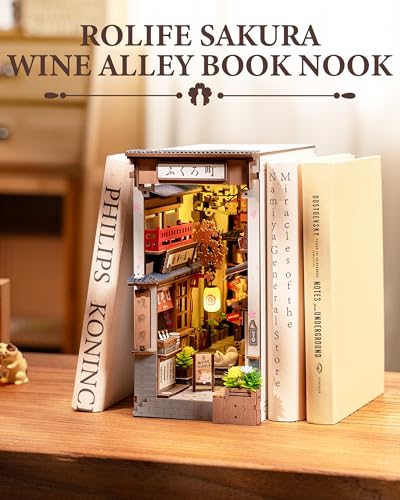 Rolife Book Nook DIY Miniature Kit to Build Booknook Sakura Wine Alley 3D Wooden Puzzle with Lights Decoration Bookcase Home Modeling to Build Adults Diorama Model Making