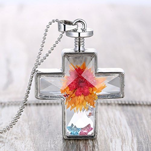 Retro Sunflower Dried Flower Necklace,Silver Cross Pendant,Ball Chain, Nature Jewelry