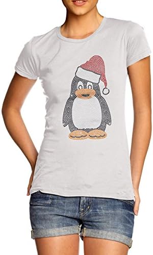 TWISTED ENVY Women's Christmas Penguin Rhinestone Diamante T-Shirt