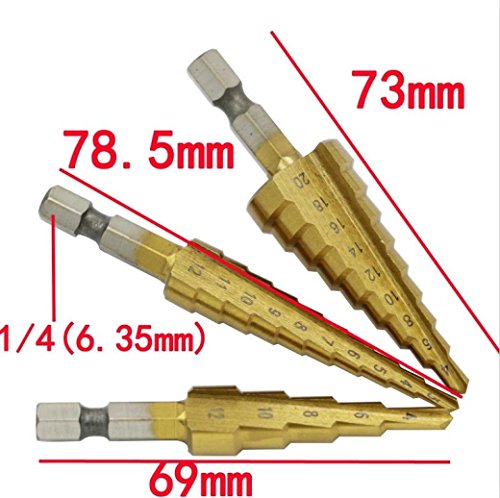 image for Tsmile Clearance 3 Pcs HSS Power Drills Titanium Coated Step Drill Bit