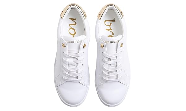 BREEZE NOUTHERLY WOMEN’S FASHION BLING DECO PARTY LIGHTWEIGHT VEGAN LEATHER SNEAKER WHITE LIGHT GOLD TRIM SIZE 7.5 M US