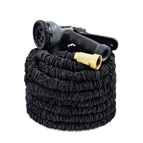 UPC 645635005992, IBeaty Lightweight 100ft Expandable Garden Hose Magic Flexible Water Hose with 3/4Inch Solid Brass Ends 8 Position Spray Nozzle Black