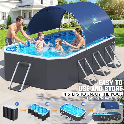 Luxfero Rectangular Tubular Pool with Canopy, Large Foldable Above Ground Pool, Metal Frame Thickened Tubular Pool, Easy to Store & Exhaustion Pool for Garden and Family, 228 x 127 x 50 cm