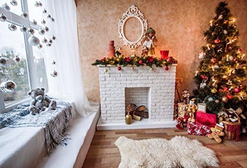 Amazon Com Laeacco 10x6 5ft Christmas Decoration Tree Backdrop White Brick Fireplace Gifts Carpet Window Curtain Wood Floor Interior Photography Backgrounds Children Adults Photo Backdrop Studio Camera Photo