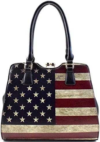 US Flag Print Kiss-lock Frame Satchel Black