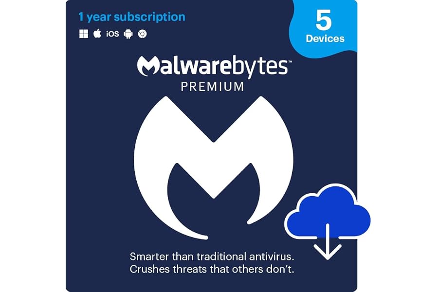 Malwarebytes Premium | 1 Year, 5 Device | Windows, Mac OS, Android, Apple iOS, Chrome [Online Code]