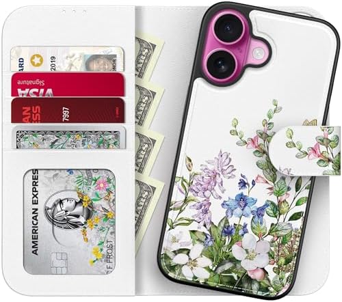 LUMARKE for iPhone 16 Plus Case Wallet with Card Holder - Detachable Flip Folio Cover - RFID Blocking 4 Card Slots - Leather Magnetic Kickstand - Protective Phone Case, Lavender Blue Flowers