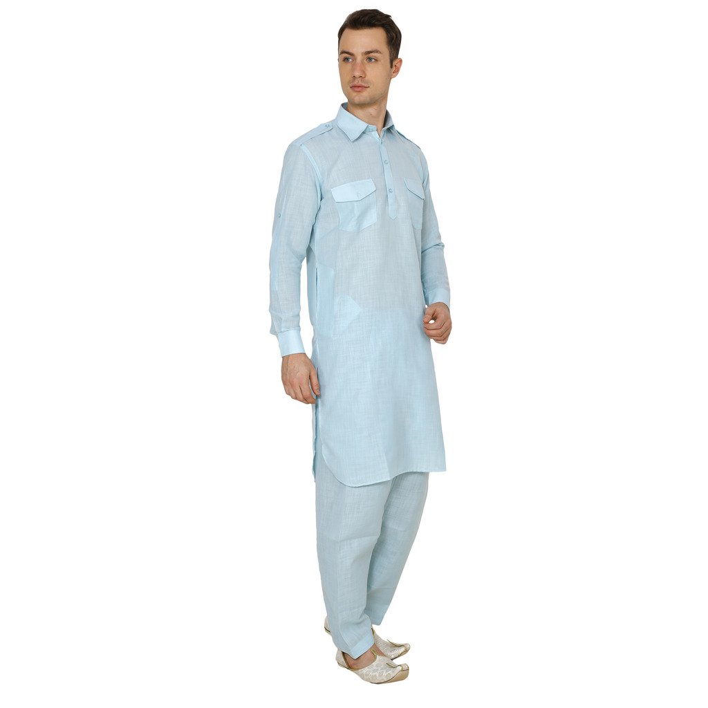 royal kurta men's pure linen blue pathani suit
