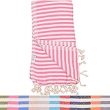 Hot Pink Striped Turkish Towel - Naturally Dyed 100% Cotton - 70x39 inches - Beach Towel Bath Pool Yoga Pilates Picnic Blanket Scarf Peshtemal Hammam Fouta