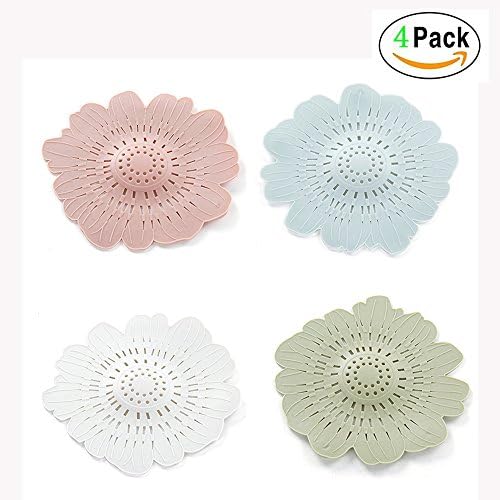 Silicone Flower Shape Hair Catcher No Slip Suction Cups Drain Cover/Hair Catcher/Sink Strainers /Silicone Bathroom Drains Strainer/Kitchen Sink Strainer（4 Pack in Assorted Colors）
