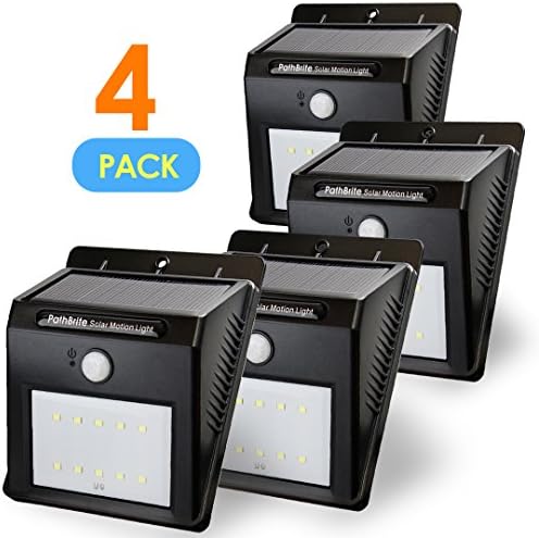 PathBrite Solar Motion Sensor Light. 10 LED High Output Light, All Weather, 2 Night Lighting Mode. Wide Range Movement Detect, Free Mounting Tape. Perfect for External Door, Deck, Yard (pack of 4)