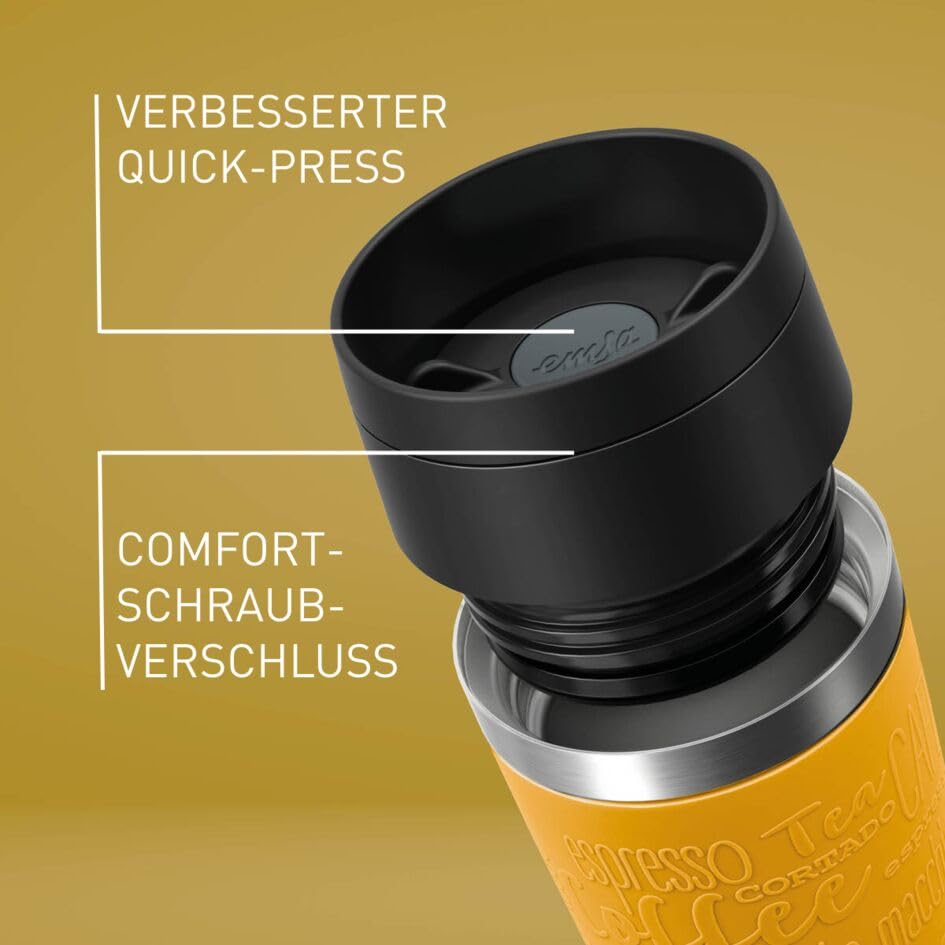 Emsa N20208 Travel Mug Classic Isolierbecher 0,36 Liter | neuer Komfort-Schraubverschluss | Edelstahl | 4h heiß und 8h kalt | 100% dicht | spülmaschinenfest | 360°-Trinköffnung | Senfgelb 5