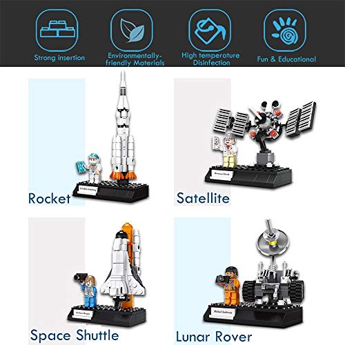 KWANITHINK Space Building Block Toys for Kids, 4 in 1 Space Construction Toys with Rocket, Satellite Lunar Lander and Astronaut, STEM Educational Toys for Boys and Girls