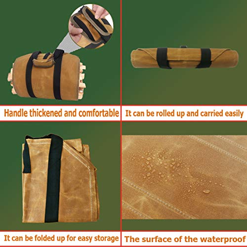 GERYMU Firewood Carrier Waxed Canvas, Tote Bag Waterproof, Fireplace Tools Wood Rack Indoor Outdoor, Fire Pit Log Accessories (Khaki)