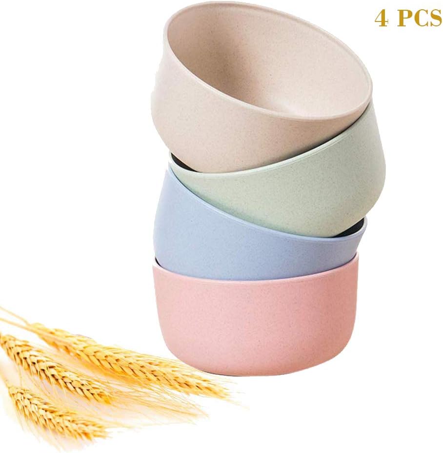 Koocool Unbreakable Wheat Straw Bowls, BPA-FREE Cereal Bowls Dinnerware Set, Lightweight Kid Bowls for Rice,Soup,Dessert,Dishwasher Safe-Pack 4,14OZ